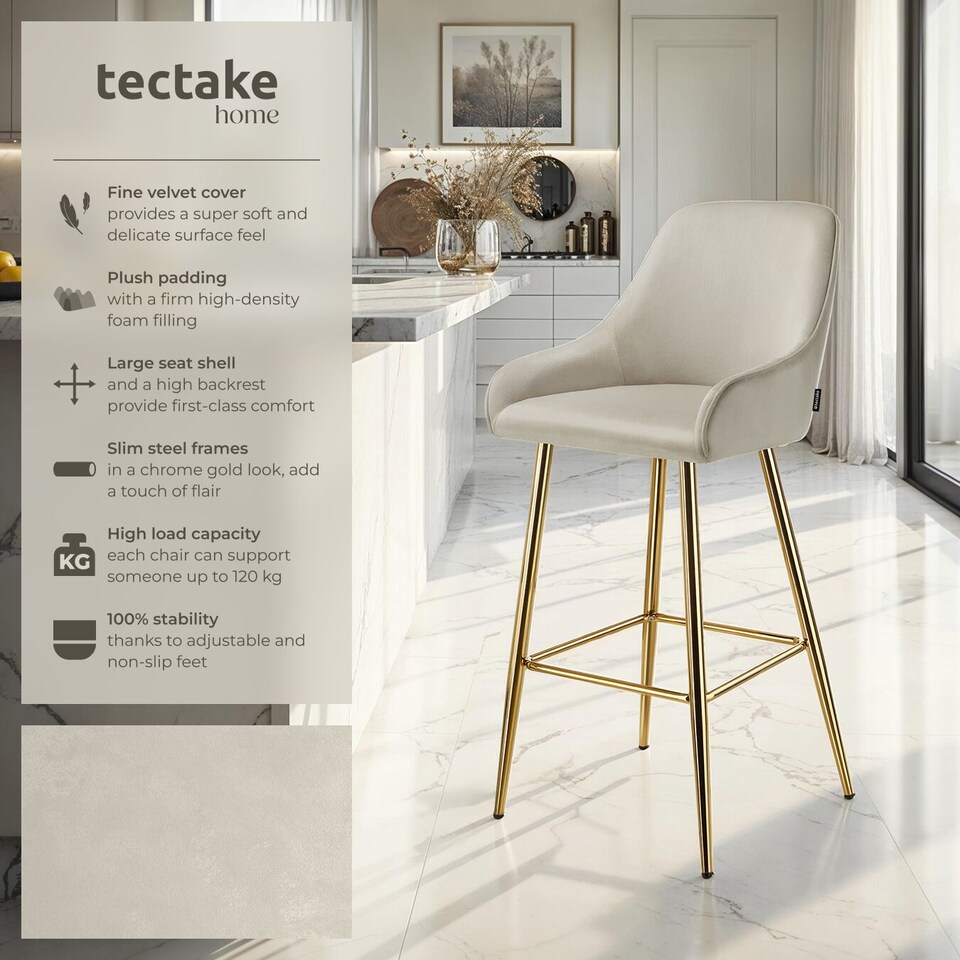 image 1 of Bar Stool Avane - with backrest, upholstered, velvet look | Cream | cream/gold | 57 x 48,50 x 108 cm | 4