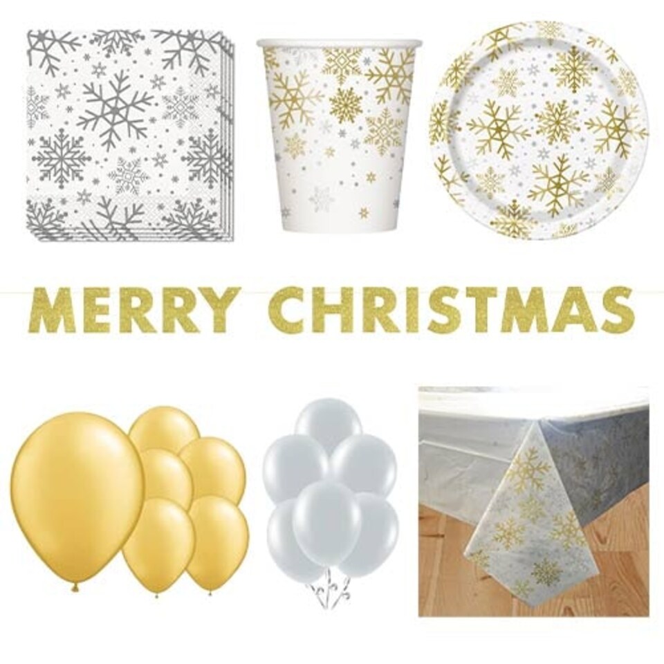 Silver And Gold Snowflakes Christmas 16 Person Deluxe Party Pack