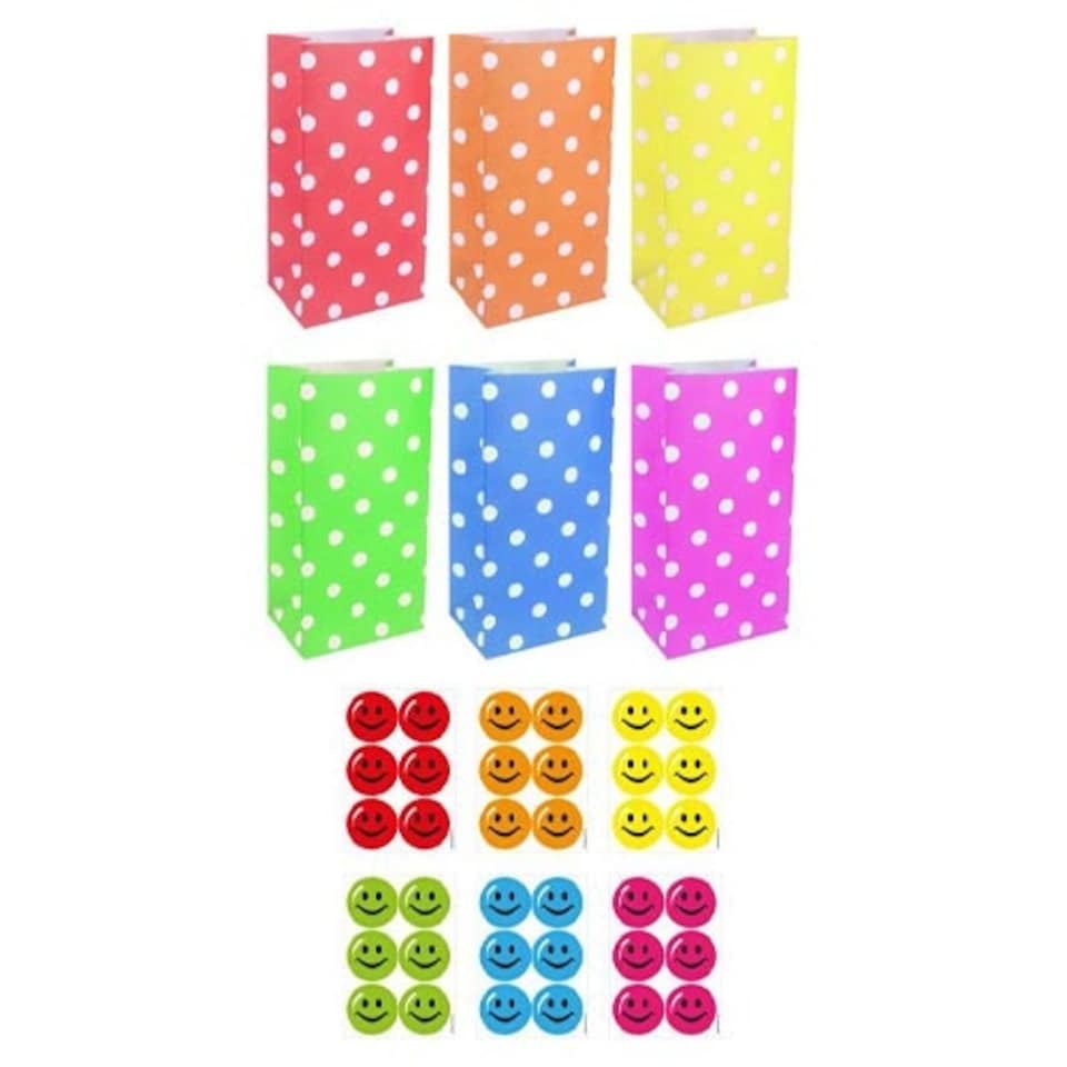 Assorted Polka Dot Paper Party Bags with Sealing Stickers - Pack of 12