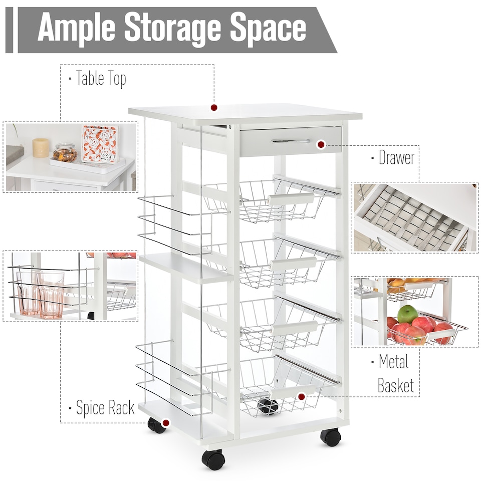 image 1 of HOMCOM Rolling Kitchen Cart, Utility Storage Cart with 4 Basket Drawers & Side Racks, Wheels for Dining Room, White