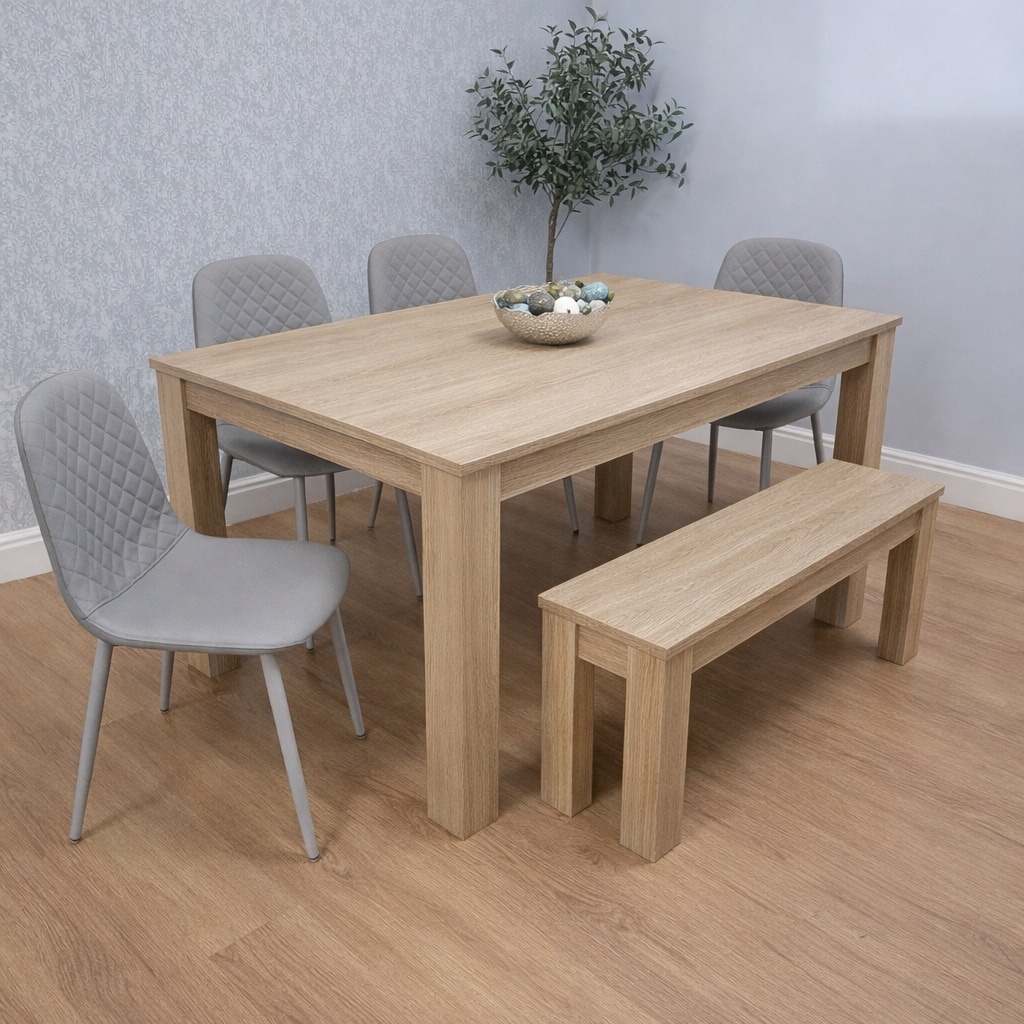 Wooden Dining Table Set for 6 Oak Effect Table With 4 Grey Gem Patterned Chairs and 1 Bench