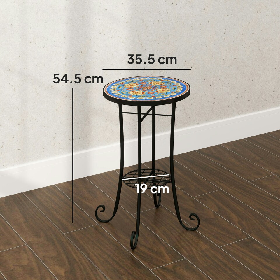 image 1 of Outsunny 35.5cm Round Mosaic Garden Side Table Plant Stand w/ Shelf Blue | Blue