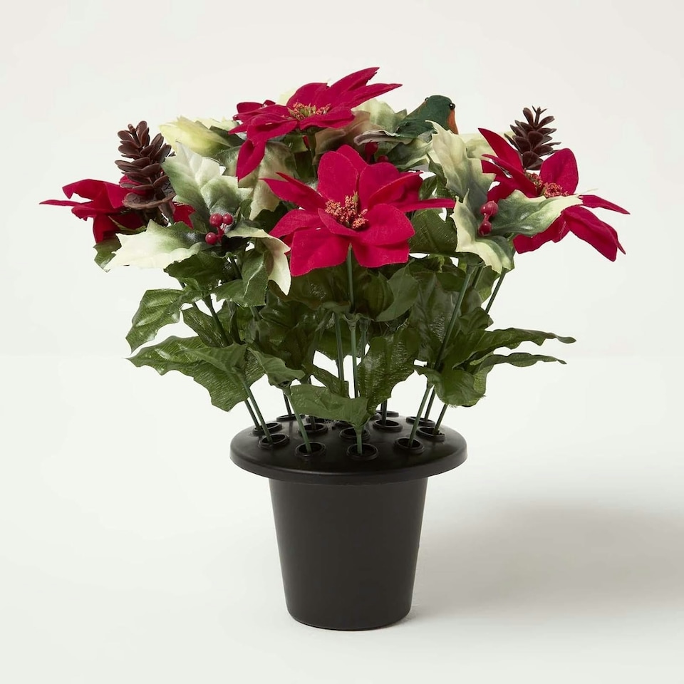 image 1 of Homescapes Artificial Poinsettia, Holly and Robin Grave Vase