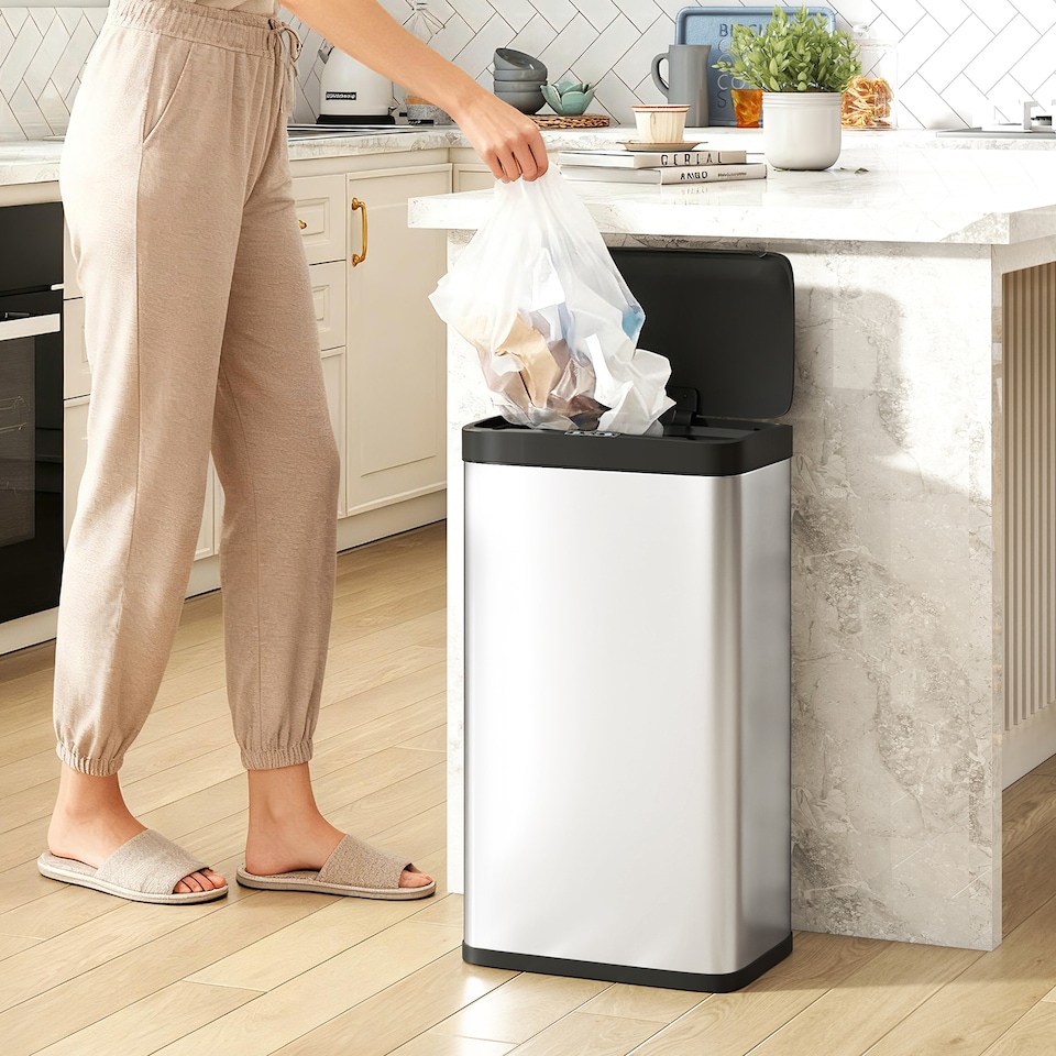 image 1 of HOMCOM 45L Sensor Bin, Stainless Steel Kitchen Bin with Automatic Soft Close Lid and Fingerprint-Proof for Recycling and Waste, Silver Tone | Silver | Silver