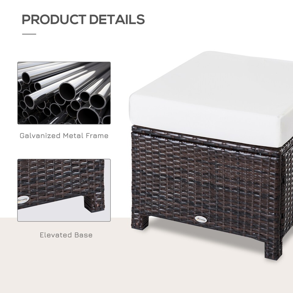 image 1 of Outsunny Rattan Footstool Wicker Ottoman with Padded Seat Cushion Outdoor Patio Furniture for Garden Poolside Living Room, 50 x 50 x 35 cm, Brown