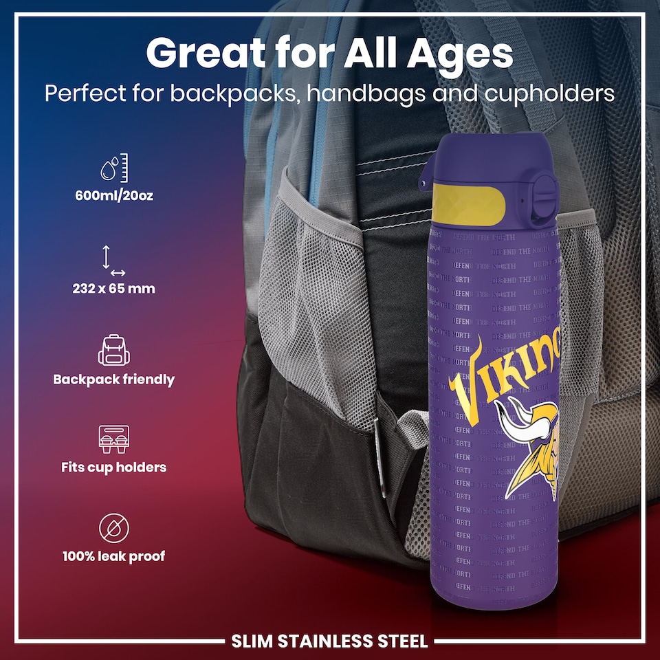 image 1 of Leak Proof Slim Water Bottle, Stainless Steel, NFL, 600ml (20oz) | Purple | NFL Vikings | One Size