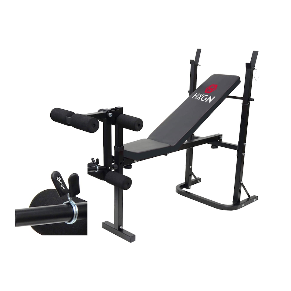 image 1 of HXGN Adjustable Barbell Bench with Leg Developer, Folding 4-Position Incline, 6 Foam Rollers (18 kg) | Black | RED | 18.0KILOGRAMS