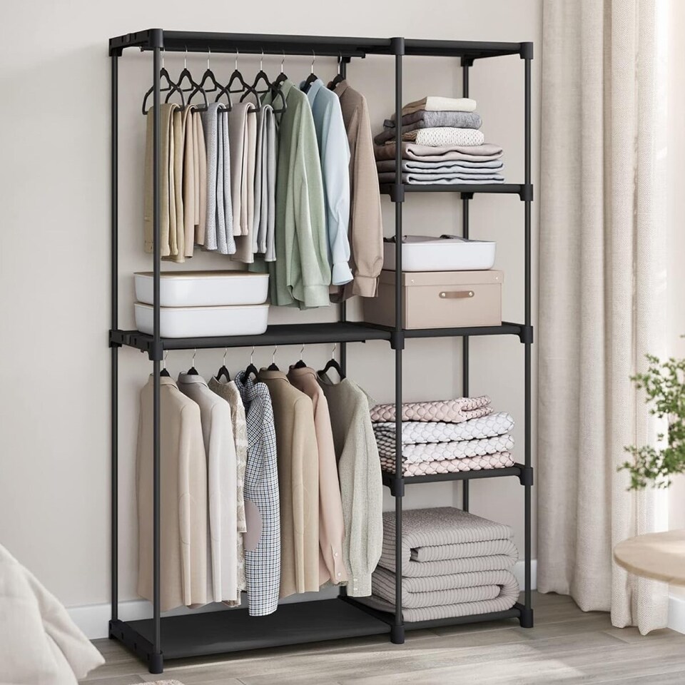 image 1 of Open Design Wardrobe with Dual Hanging Areas and Shelving Storage, Black