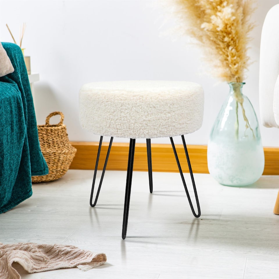 image 1 of Harbour Housewares Boucle Footstool - Round Modern Dressing Table Footstool Vanity Seat Chairs - 40 x 35cm - Black Legs | Black | Cream/Black | Pack of 1 | 1