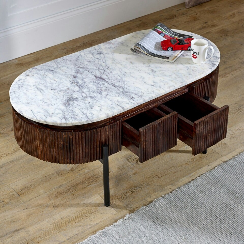 image 1 of Miel Mango Wood Rectangular Fluted Coffee Table With Marble Top and Metal Legs Brown