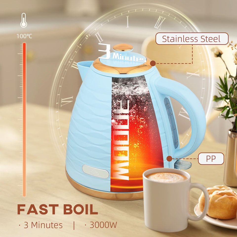 image 1 of HOMCOM Electric Kettle, Fast Boil, 1.7L, 3kW, Swivel, Light Blue Ripple | Blue | Light Blue, Rose Gold