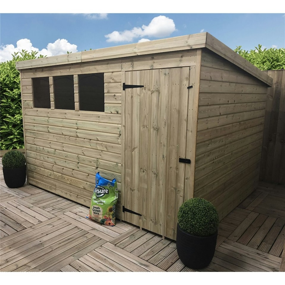 image 1 of 10 x 4 Garden Shed Pressure Treated T&G PENT Wooden Garden Shed - 3 Windows + Single Door (10' x 4' / 10ft x 4ft) (10x4)