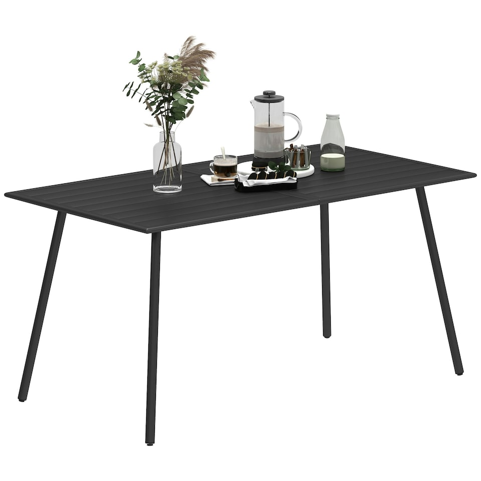 image 1 of Outsunny Garden Table for 6 Person with Slat Top, Steel Frame, Black Black | 150L x 80W x 74Hcm