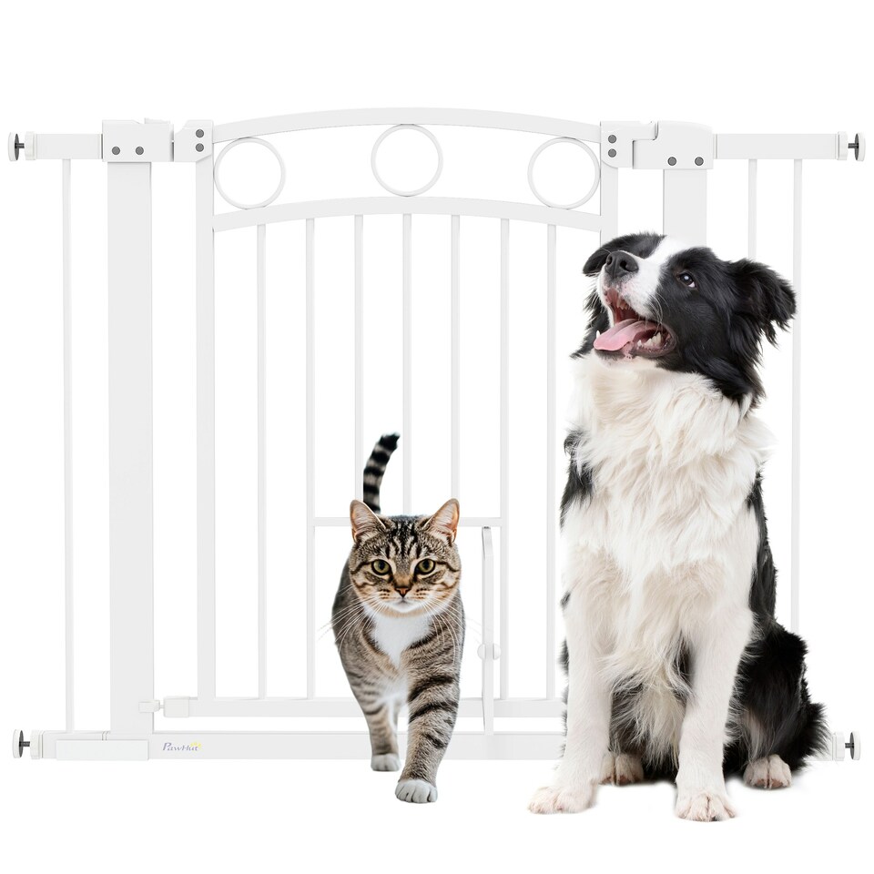 image 1 of PawHut Stair Gate with Cat Door, Adjustable Width, 76-104cm and 77cm Tall