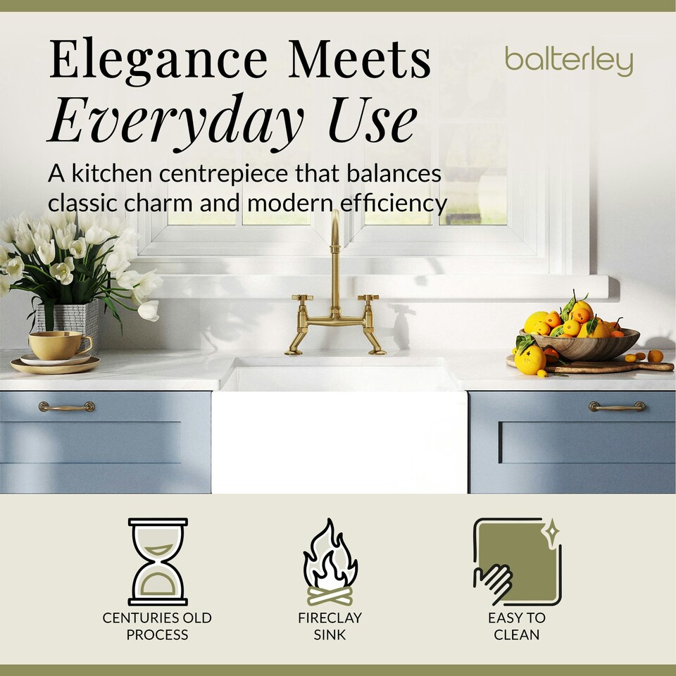 image 1 of Fireclay Kitchen Bundle - Single Bowl Belfast Sink, Strainer Waste & Bridge Crosshead Tap, 595mm - Brushed Brass - Balterley