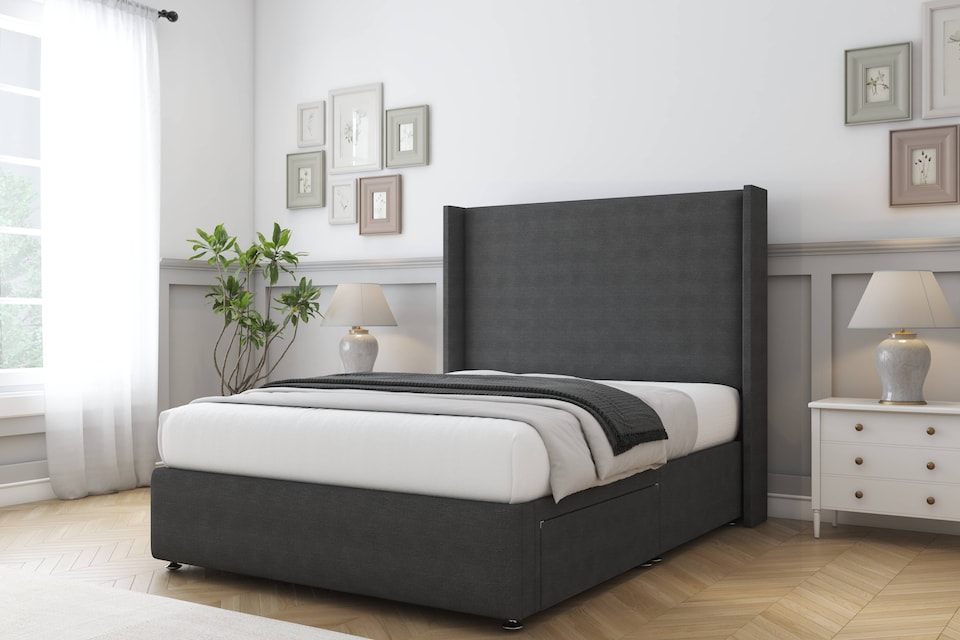 image 1 of Sloomy Stratford Graphite Dumfries Divan Bed With Mattress No Drawers With 54" Wingback Headboard & 12" Matching Footboard 3' Single | Grey | Graphite | Single | 1
