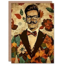 Dapper Man Floral Suit Handlebar Moustache Him Birthday Card