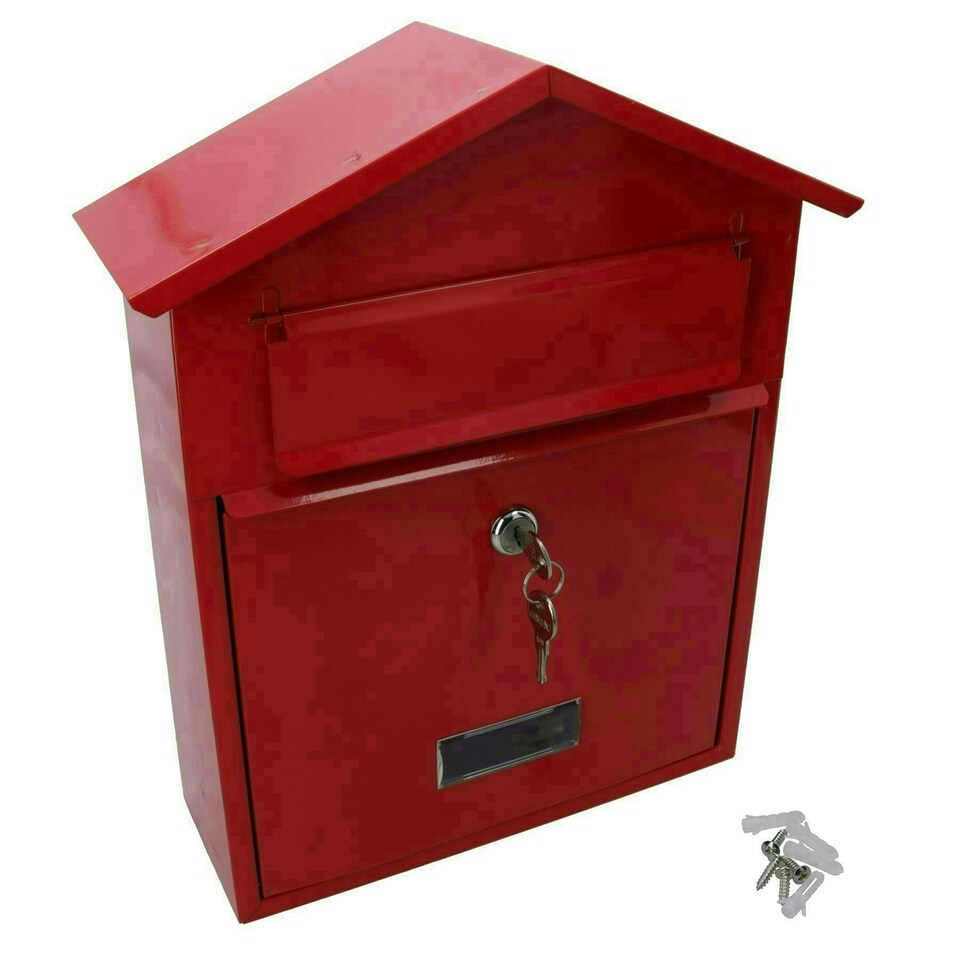 image 1 of Letter Post Mail Box Metal Red Wall Door Gate Fence Garden House Lockable Red