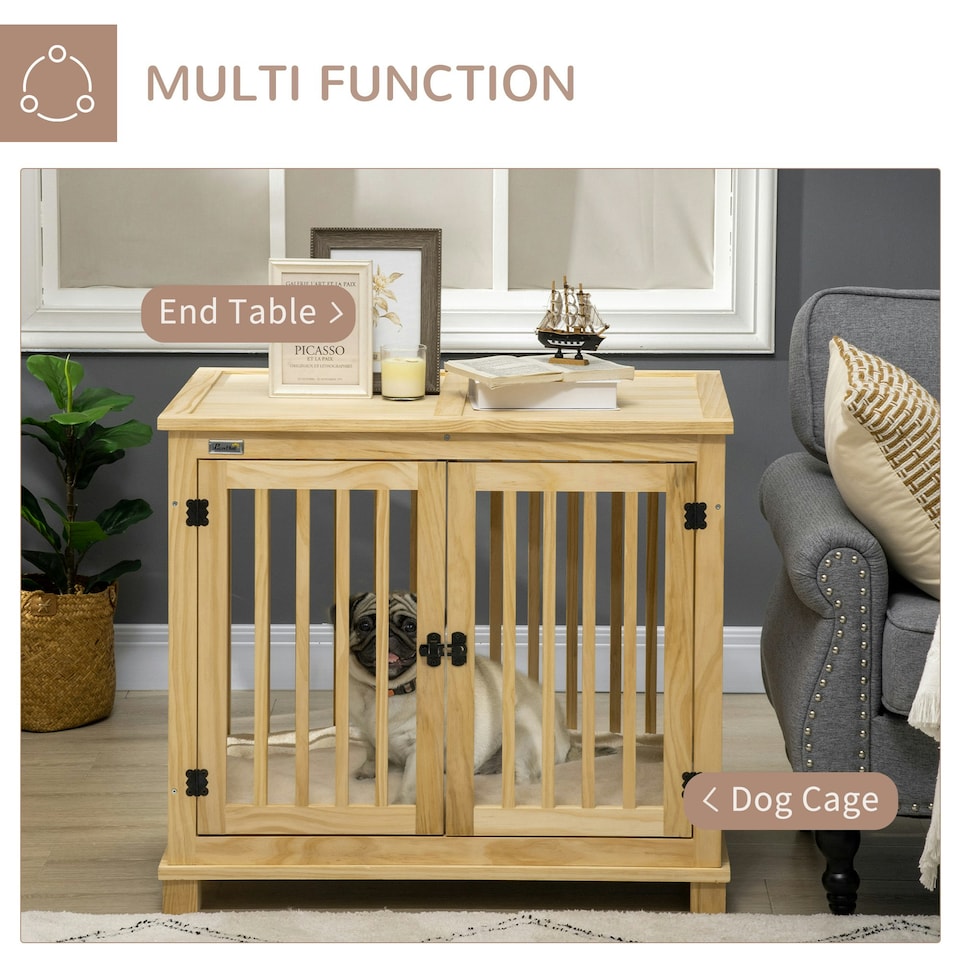 image 1 of PawHut Wooden Dog Crate End Table w/ Soft Washable Cushion, for Medium Dogs