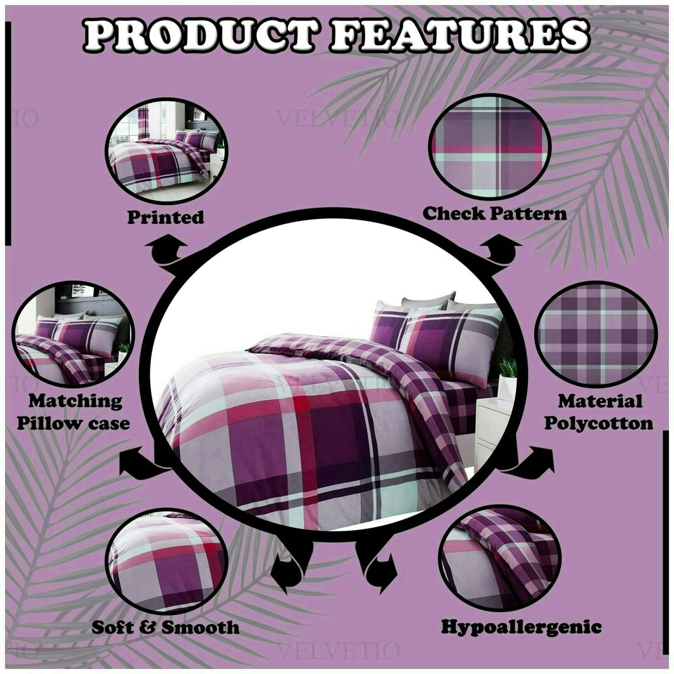 image 1 of VELVETIO Waverly Check Duvet Cover Set Reversible Polycotton Easy Care Beddings Purple | King
