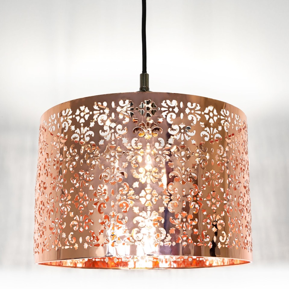 image 1 of Moroccan Designed Shiny Copper Metal Pendant Light Shade with Floral Decoration | Copper | Copper | 1