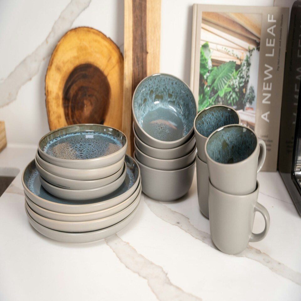 image 1 of Scandi Home Set of Four Stockholm 17cm Blue Artisan Glaze Ceramic Cereal Bowls Grey | Blue