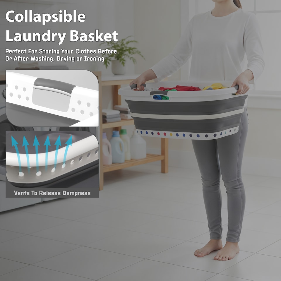 image 1 of Foldable Collapsible Laundry Basket 37L Capacity, Non-Slip Handles, Curved Shape