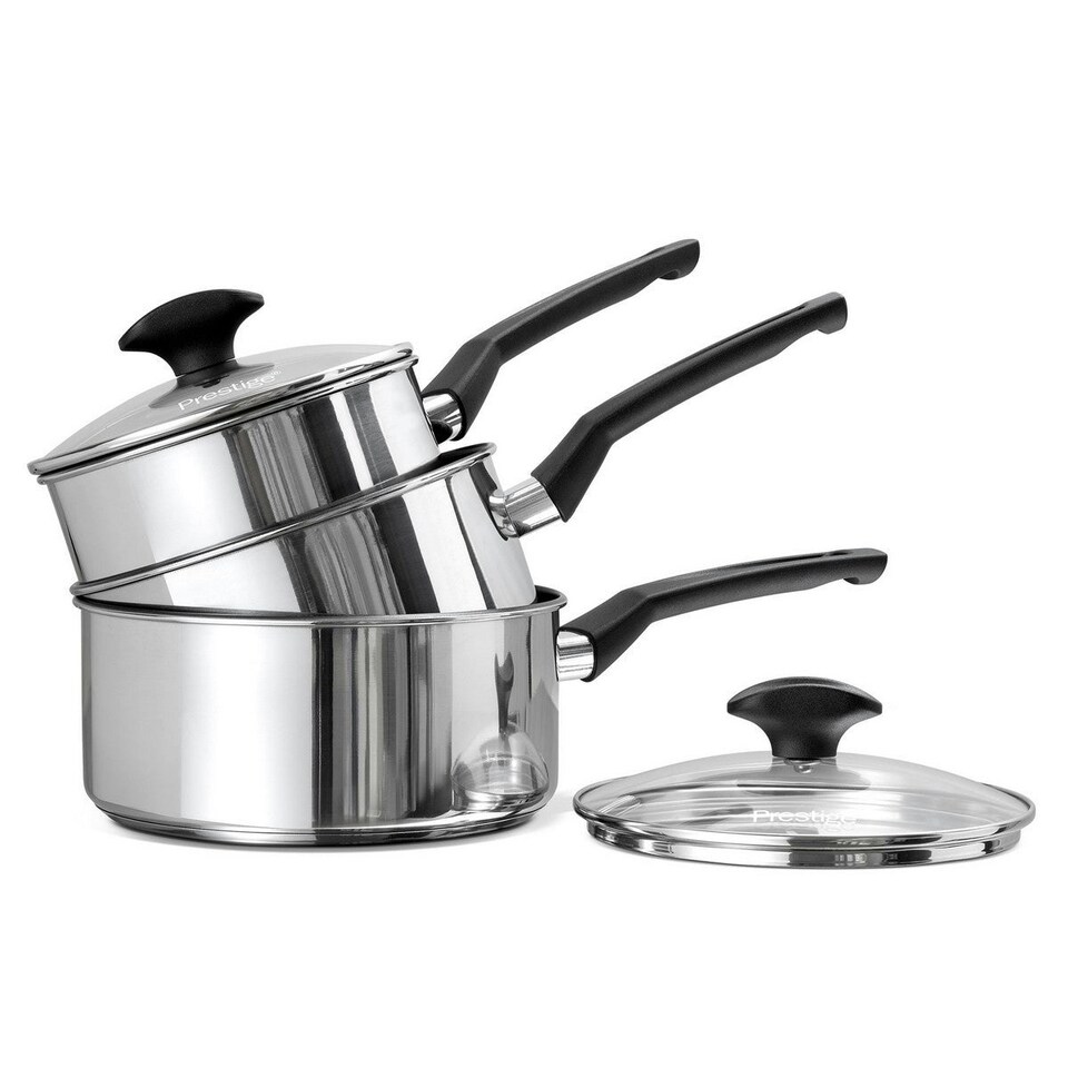 image 1 of Prestige 9 X Tougher: Non-Stick Stainless Steel Saucepans & Lid, Frying Pan, Milk Pan Set - 5 Pieces