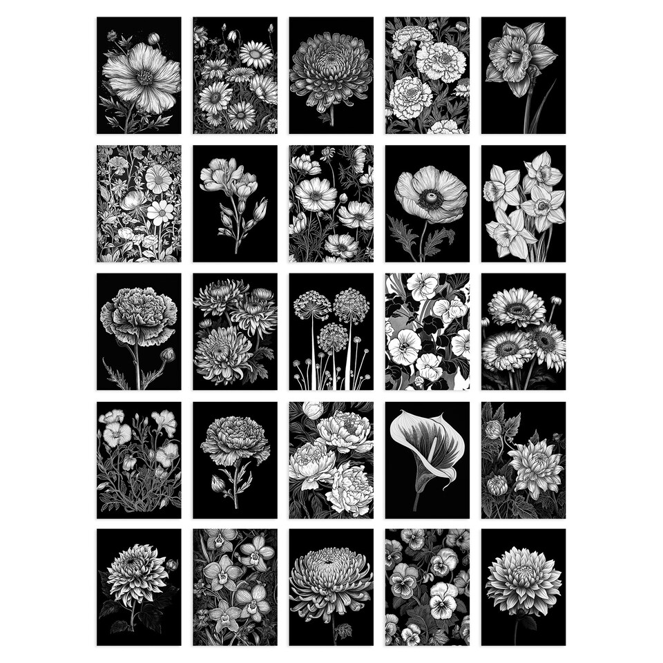 image 1 of Flower Floral Aesthetic Black White Wall Art Set of 50 Unframed A6 Prints