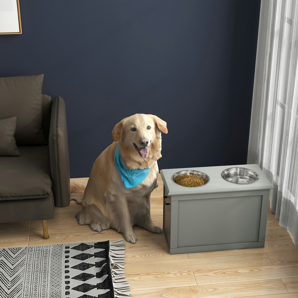 image 1 of PawHut Raised Pet Bowls w/ Storage, Two Stainless Bowls, Elevated Base - Grey