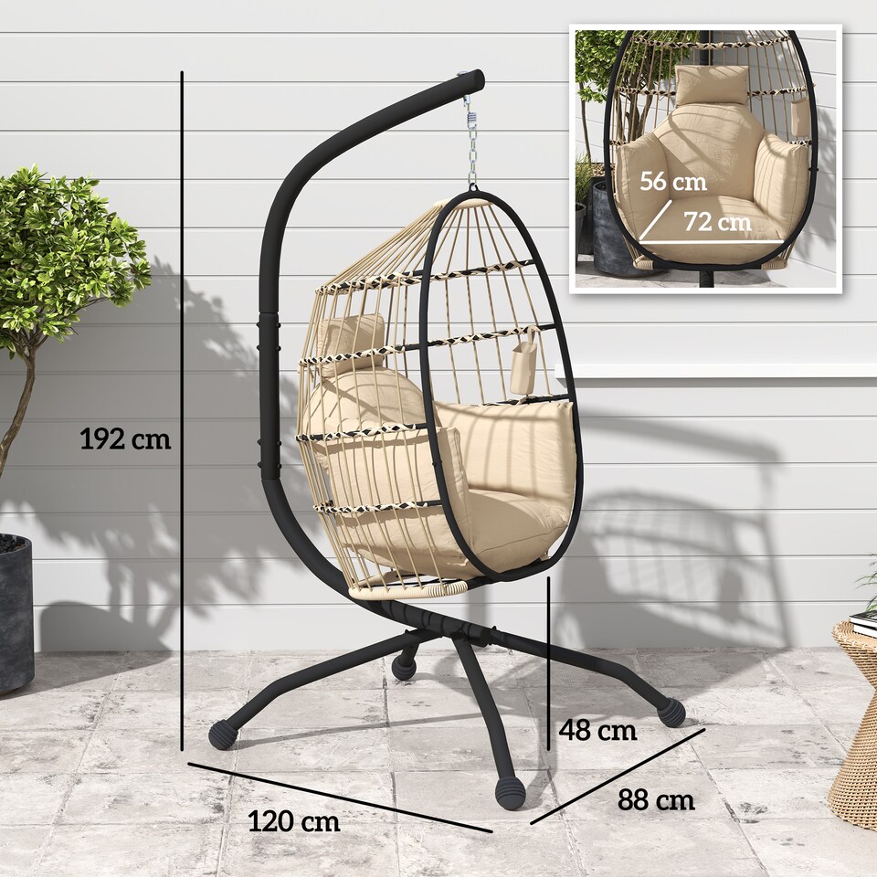 image 1 of Outsunny Egg Chair Outdoor Indoor Garden Swing Chair, Folding Basket, Khaki | Brown | Khaki cushion, brown rope, black frame | L