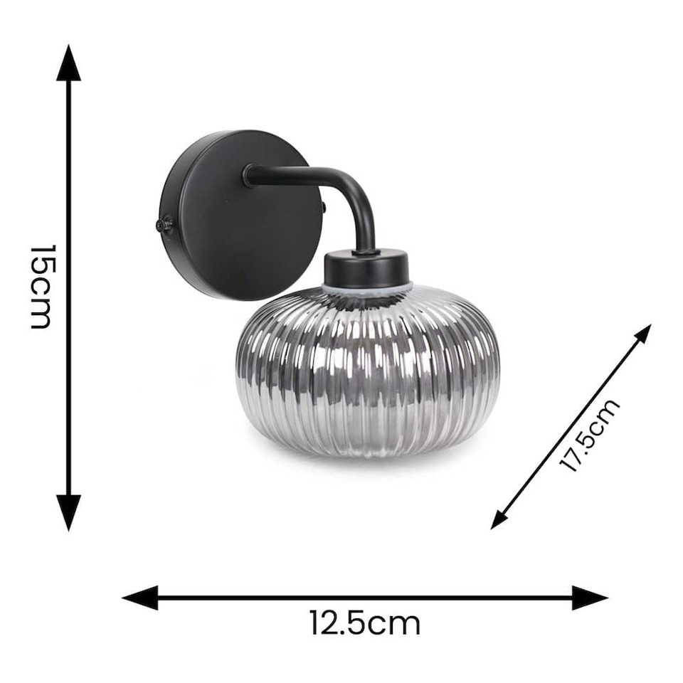 image 1 of ValueLights Amaia Black IP44 Smoke Ribbed Glass Wall Light & Bulb | Black