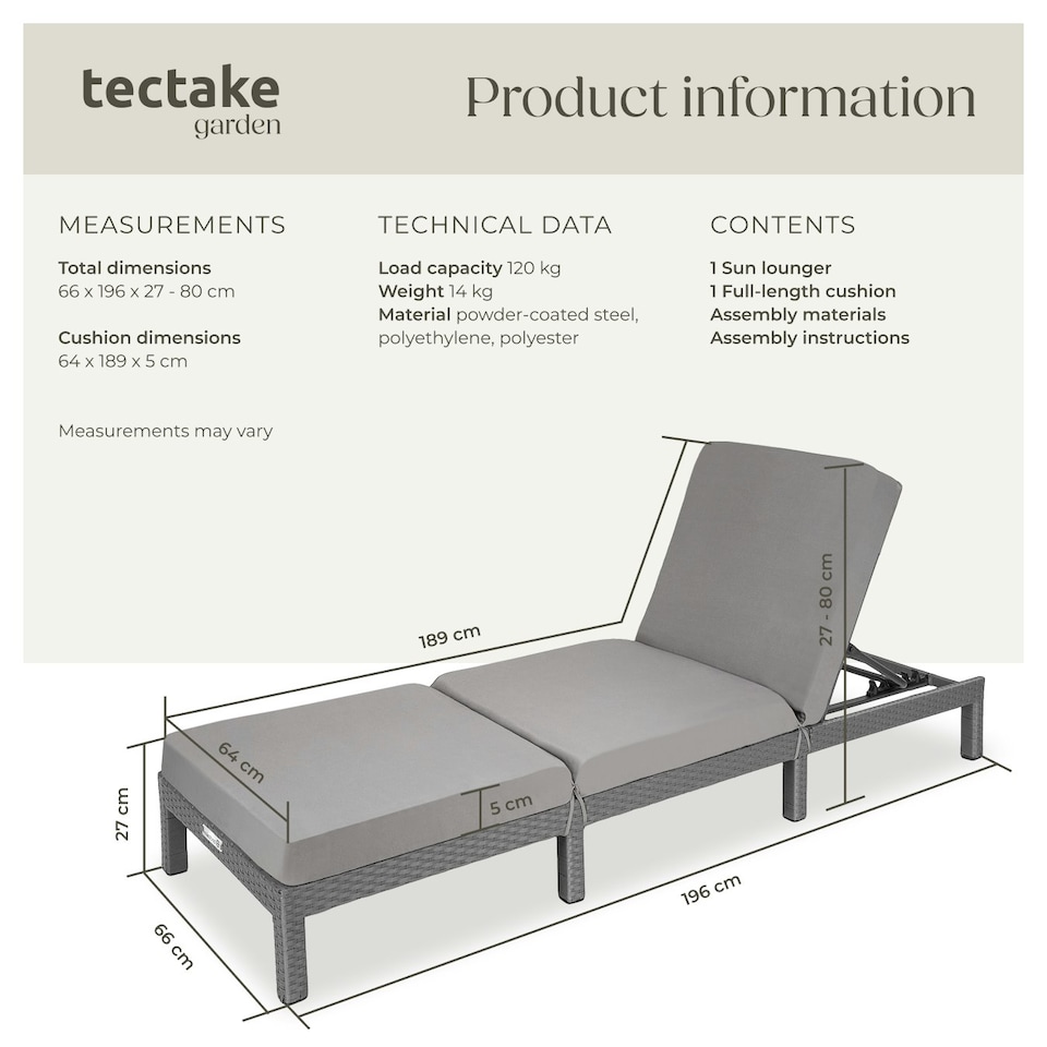 image 1 of Sun Lounger Sofia - 6-step adjustable backrest, thick padding, UV-resistant Grey