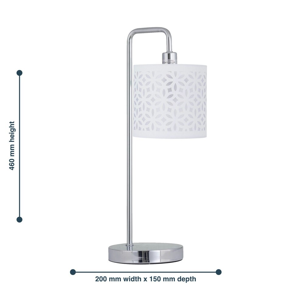 image 1 of First Choice Lighting Chrome Arched Table Lamp with White Laser Cut Shade Chrome | White