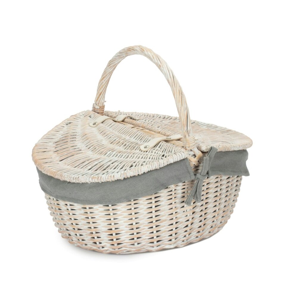 image 1 of White Wash Finish Oval Wicker Basket with Lining Blue | Blue | One Size