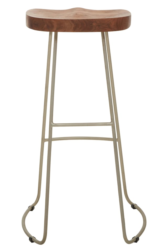 image 1 of Interiors by Premier Luxe Bar Stool With Acacia Wood Seat, Wooden Kitchen Stool, Counter Seat With Iron Footrest, Silver Stool | Cream