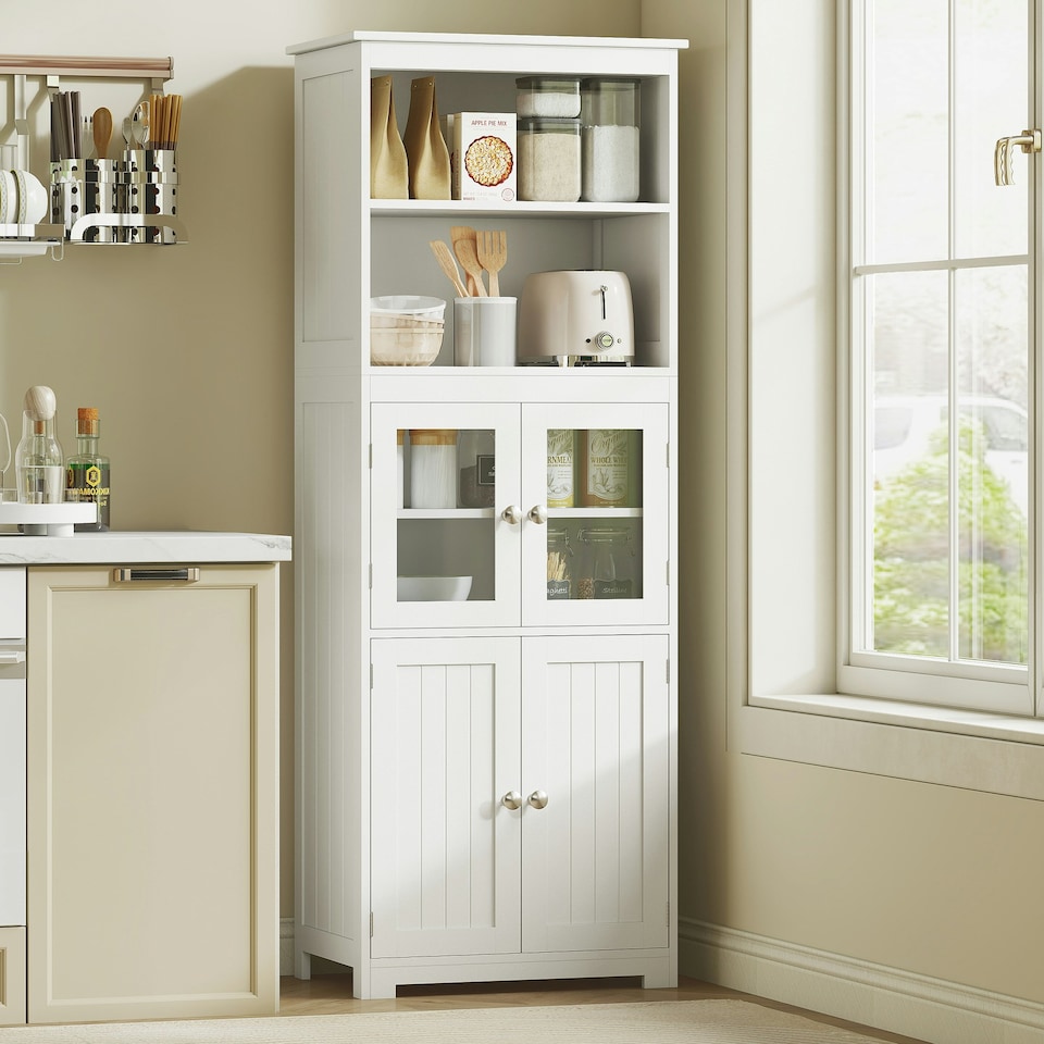image 1 of HOMCOM Kitchen Cupboard Storage Cabinet Adjustable Shelves, Glass Doors, White