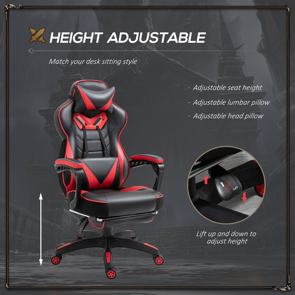 image 1 of Vinsetto Computer Gaming Chair, Racing Desk Chair with Lumbar Support and Footrest, PU Leather Gamer Chair with Headrest and Swivel Wheels for Home, Red