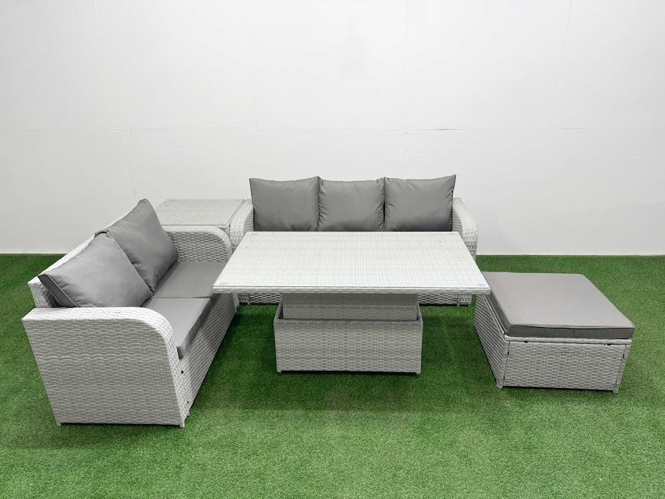 image 1 of Fimous 6 Seater PE Rattan Wicker Garden Furniture Patio Conservatory Sofa Set with Adjustable Lifting Dining or Coffee Table 3 Seater Sofa Love Sofa Big Footstool Side Table