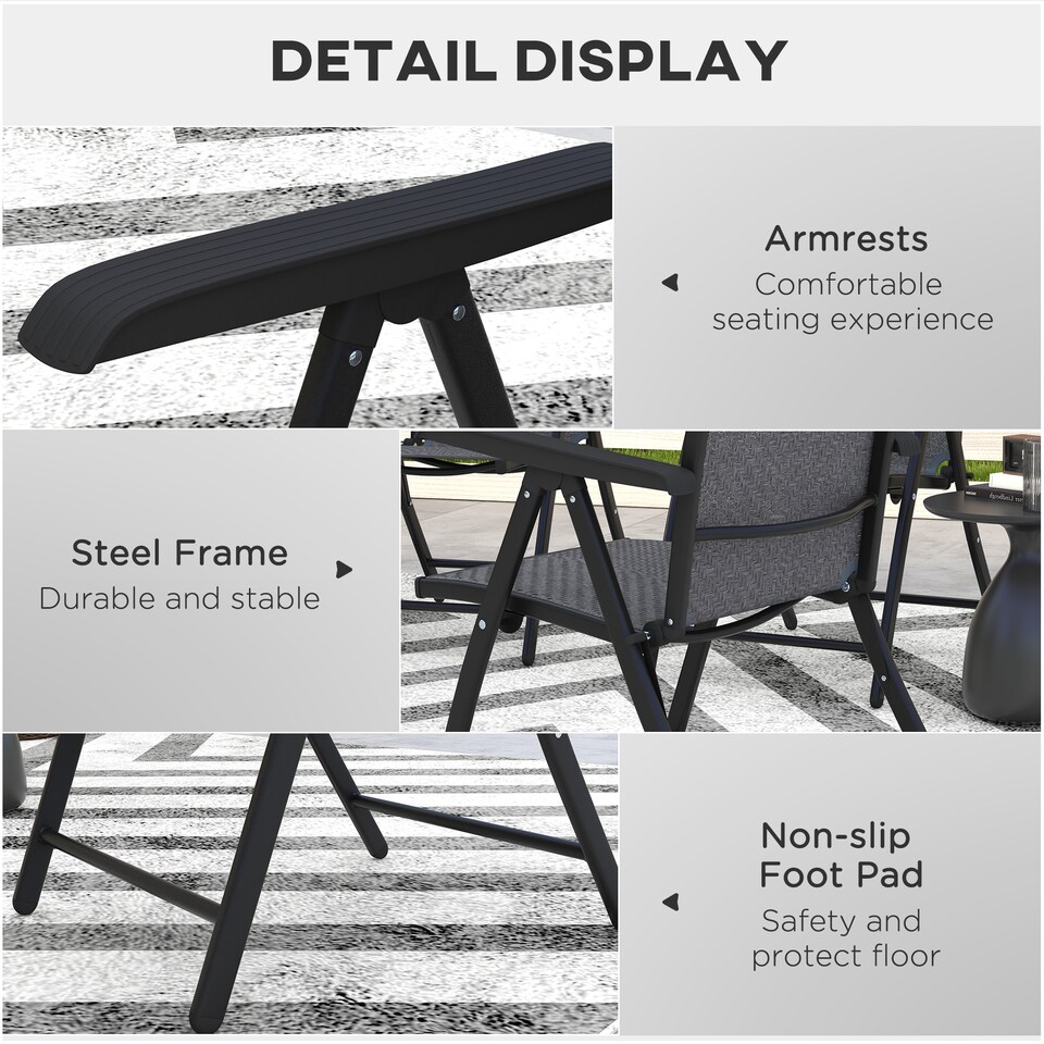 image 1 of Outsunny Set of 4 Outdoor Wicker Folding Chairs, Patio PE Rattan Dining Armrests Chair set with 7 Levels Adjustable Backrest, for Outdoors, Camping, Grey