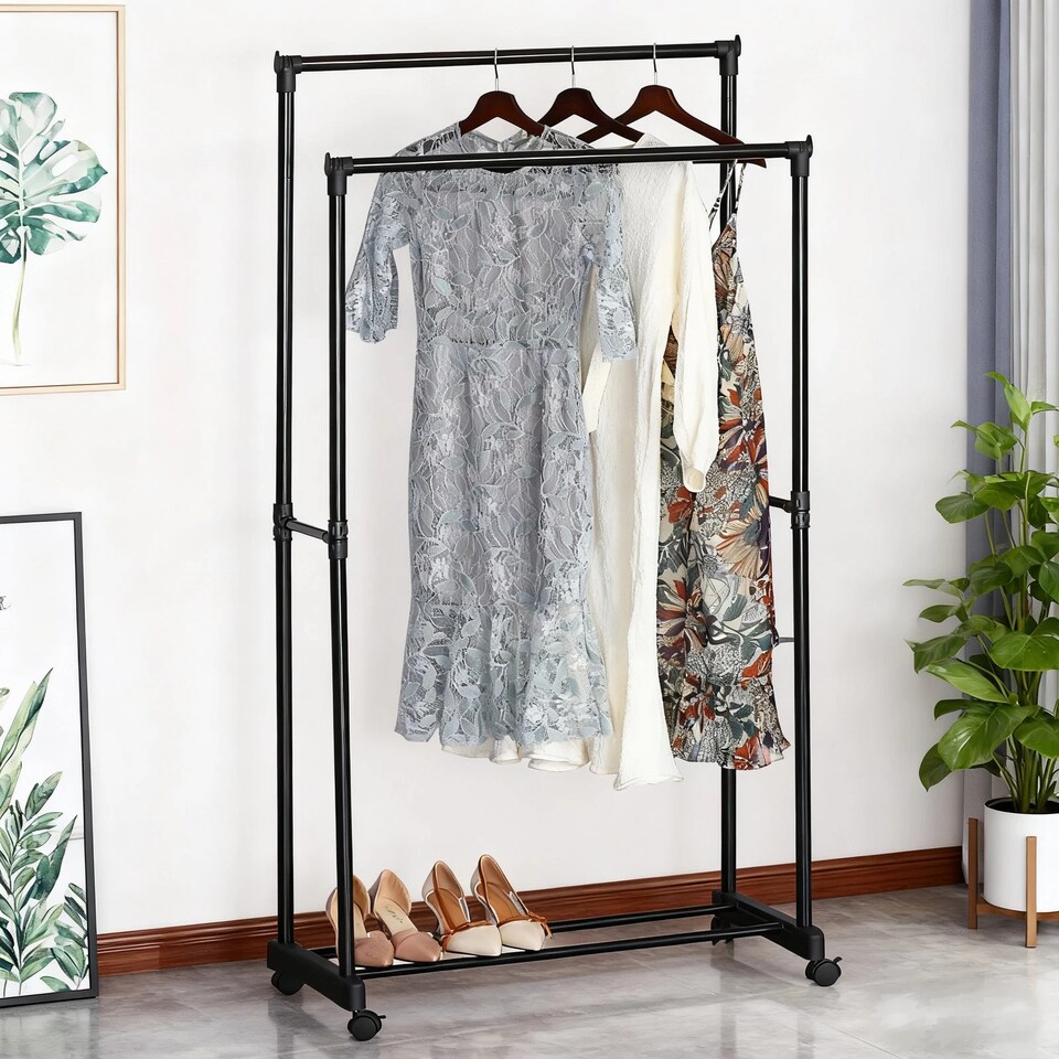 image 1 of Modern Freestanding Garment Rack with Bottom Rail Steel Tube Clothes Hanging Stand | Black | Double Rail | 1