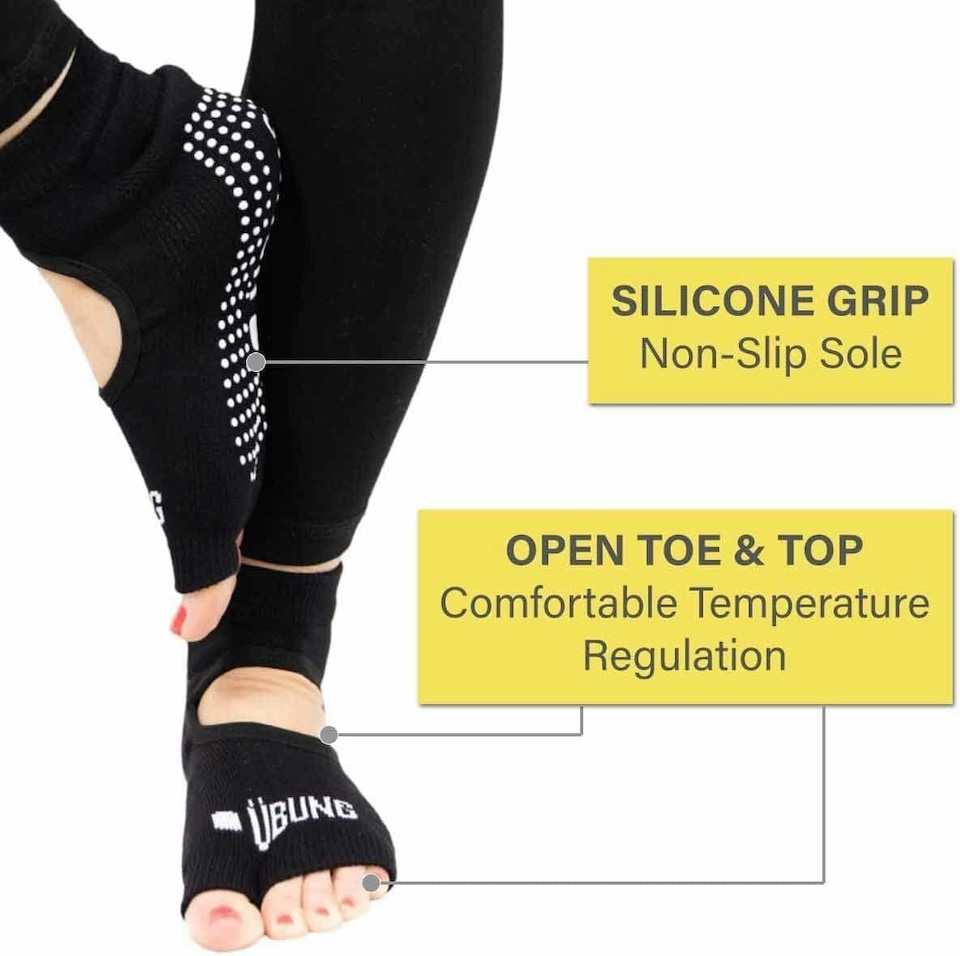 image 1 of Ubung Black Yoga CAL174 Non Slip Open Toe Socks Packs of 12 Size 4-9 UK Size