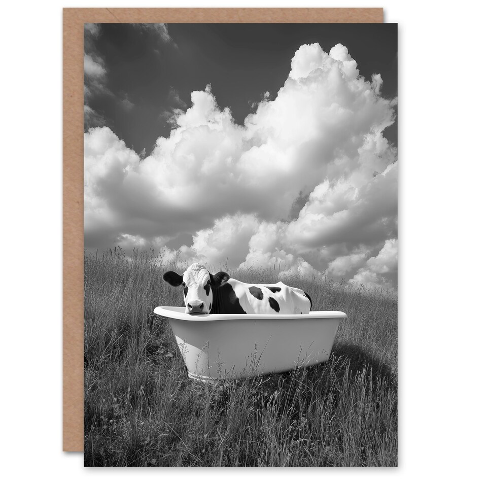 image 1 of Cow In Bathtub in a Field Black White Surreal Birthday Greeting Card