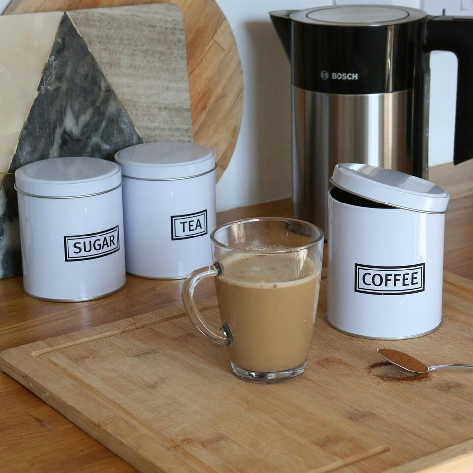 image 1 of Harbour Housewares 3pc Round Metal Tea Coffee Sugar Canister Set - White - Kitchen Caddy Kitchen Storage Containers Canisters