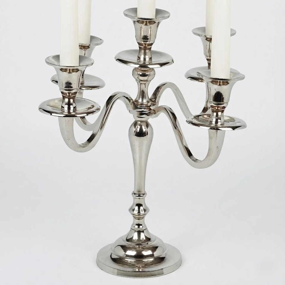 image 1 of 5 Arm Metal Candle Holder Stand Vintage Candelabra Centrepiece Home Decor 30cm | Silver | Silver | 1