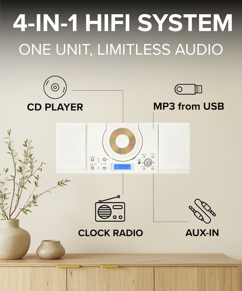 image 1 of CD Player with Speakers - HiFi System for Home with Radio, USB, MP3, Clock Alarm & Remote - Compact Stereo System with Wall Mount Design - Small CD Players for Home - GTMC-101