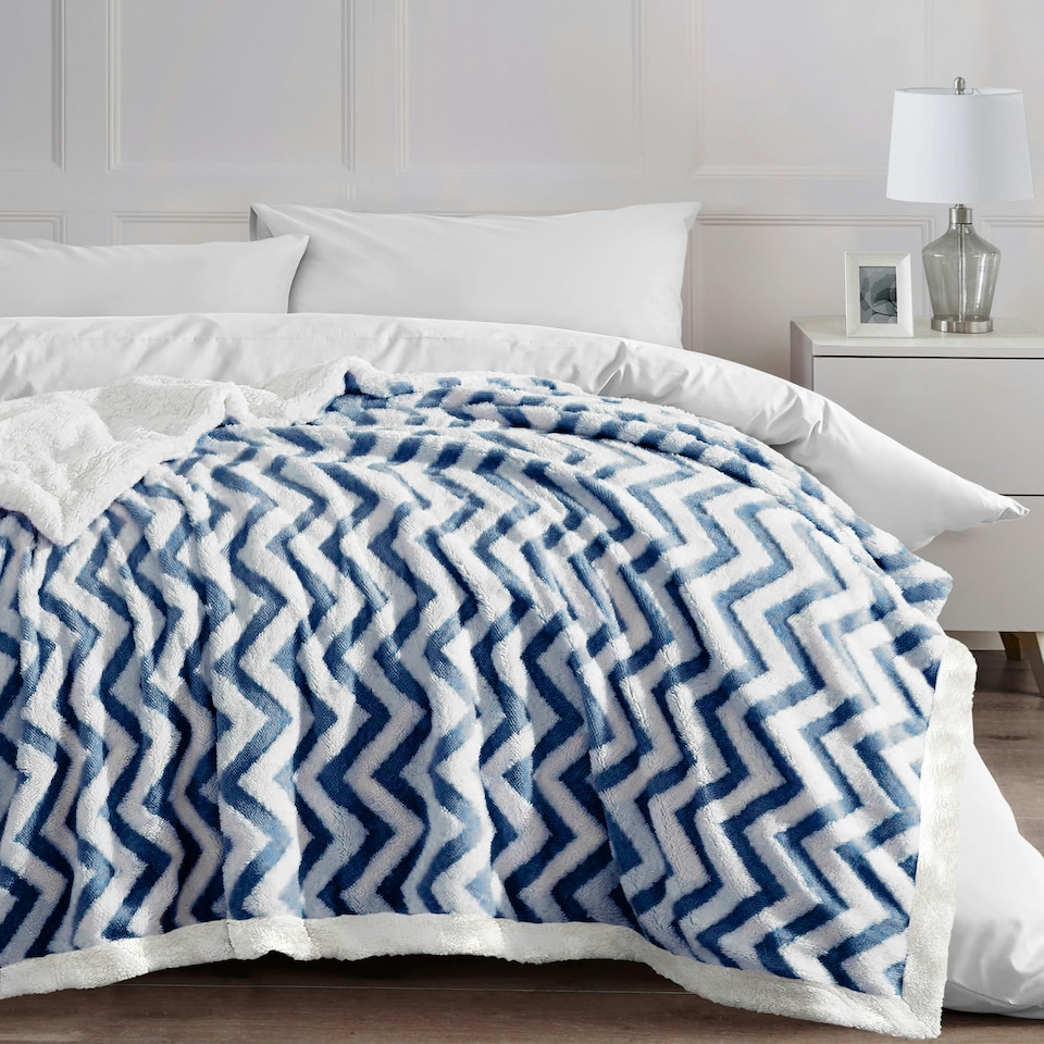 image 1 of Velosso Jacquard Chevron Sherpa Reverse Throw - 150cm x 200cm | Blue | Navy