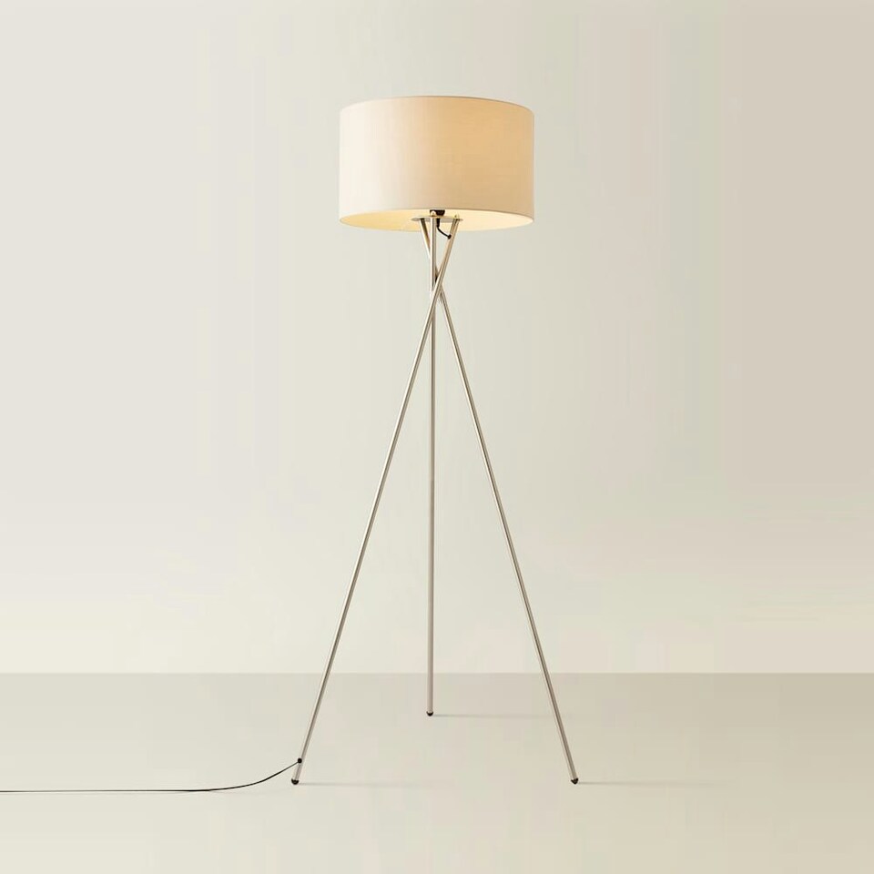 image 1 of ValueLights Camden Brushed Chrome Tripod Floor Lamp Natural Shade Cream