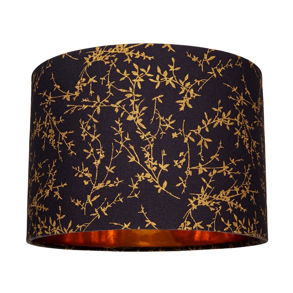 image 1 of Modern Black Cotton Fabric 12 Inch Lamp Shade with Gold Foil Floral Decoration | Black