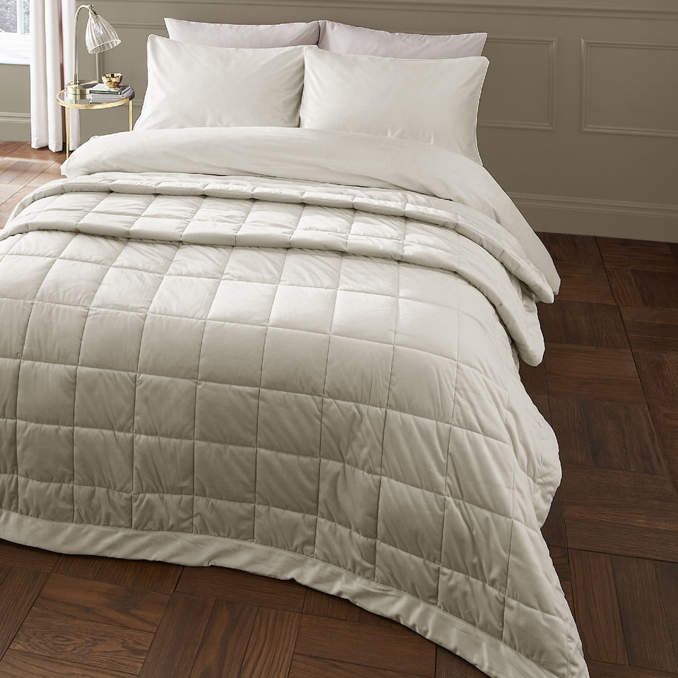 image 1 of Catherine Lansfield Kingsley Matt Velvet Quilted Bedspread | Cream | One Size